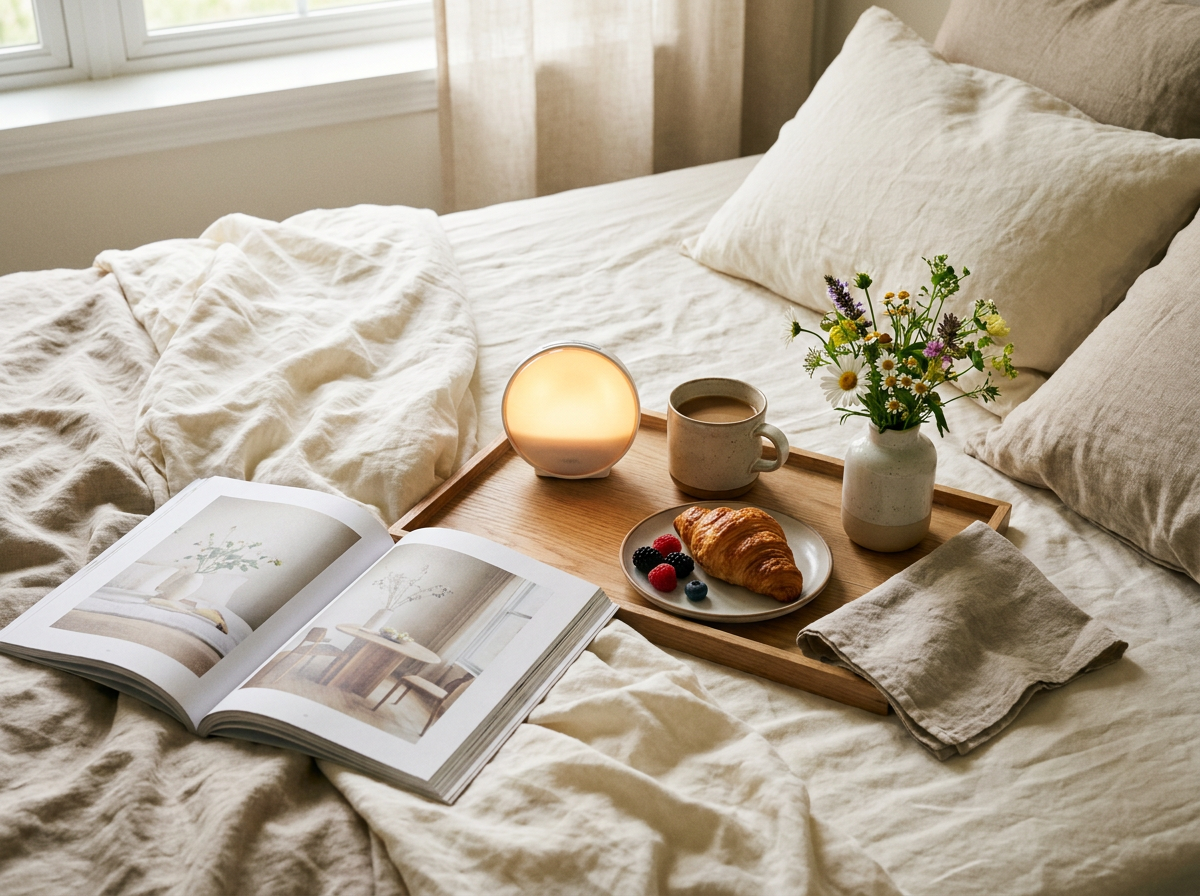 Frühstück im Bett, in der Nähe leuchtet ein kleiner Sonnenaufgangswecker