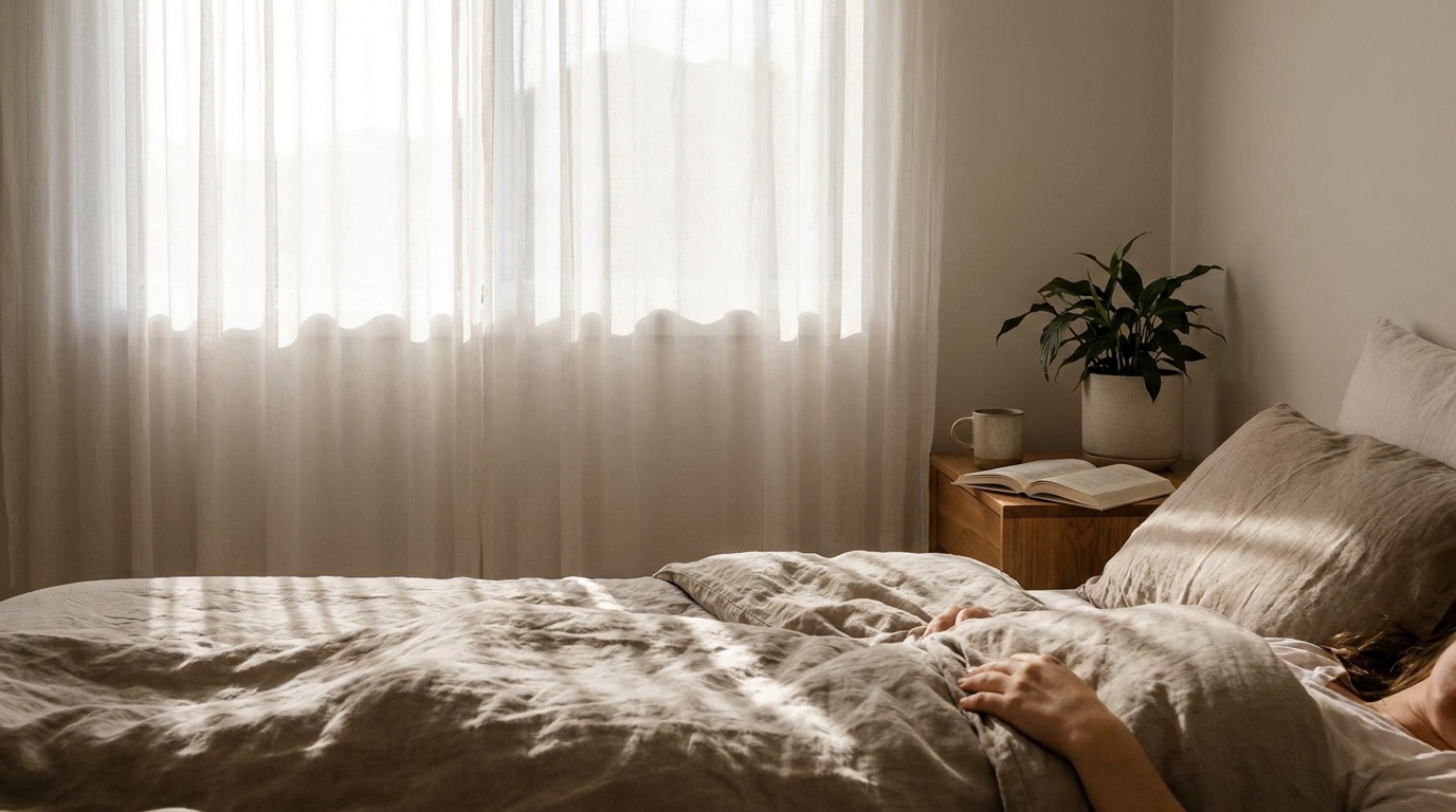 Weiches natürliches Licht durch Vorhänge auf einem Bett